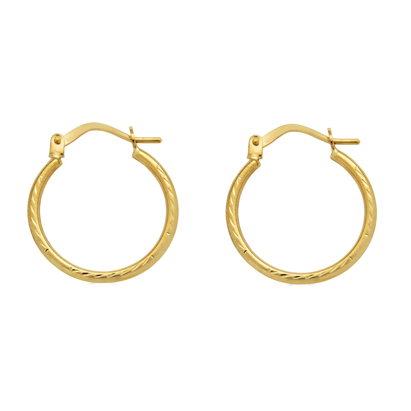 14E00384. - 14 Karat Yellow Gold Diamond Cut Textured Hoop Latch Lock Earrings