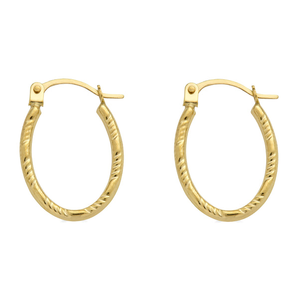 14E00385. - 14 Karat Yellow Gold Diamond Cut Textured Oval Hoop Latch Lock Earrings