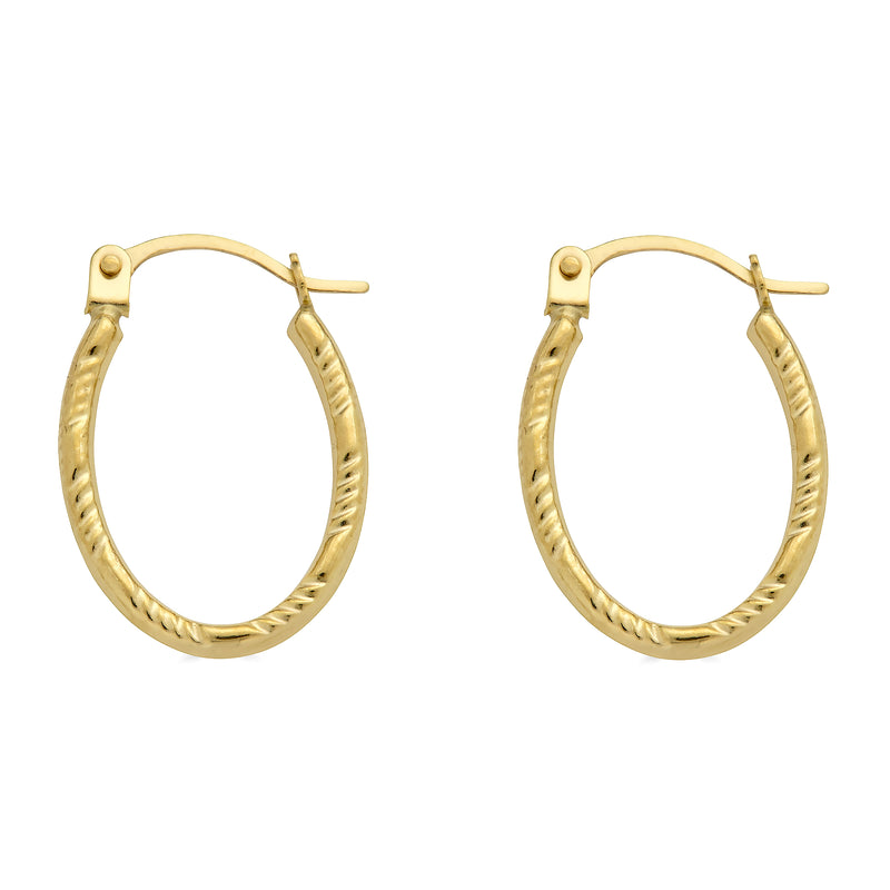14E00385. - 14 Karat Yellow Gold Diamond Cut Textured Oval Hoop Latch Lock Earrings