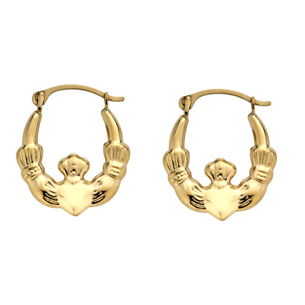 14E00386. - 14 Karat Yellow Gold Textured Crown Heart Hoop Latch Lock Earrings