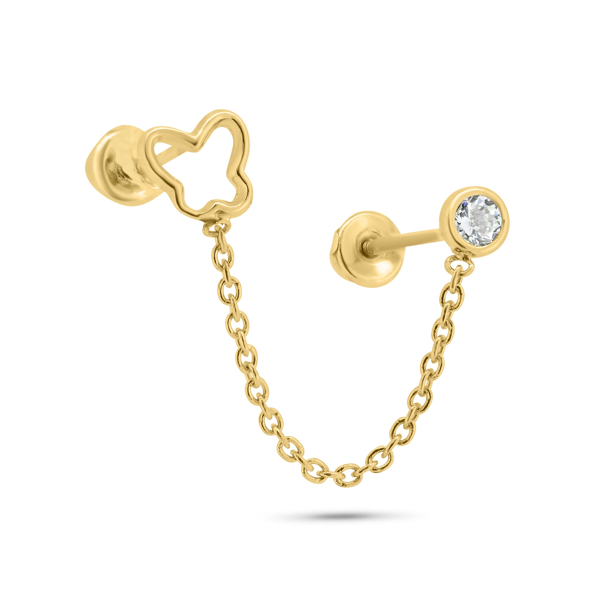 14E00404. - Pendientes de oro amarillo de 14 quilates con doble piercing en forma de mariposa y circonita transparente redonda con cierre de rosca.
