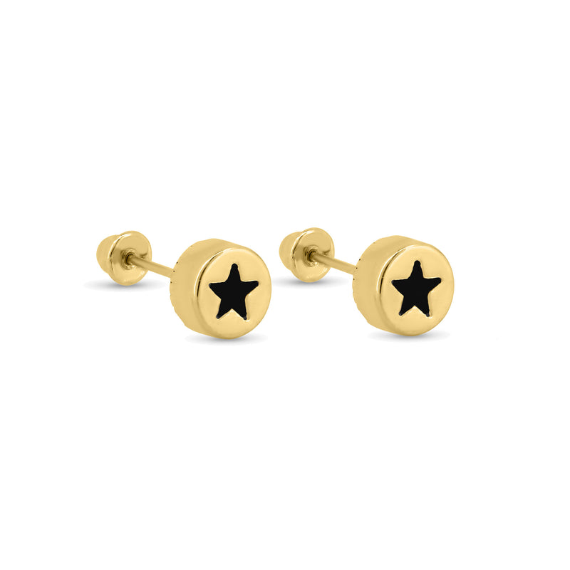 14E00405. - 14 Karat Yellow Gold Round Star Clear, Black, Red or Pink CZ Screw Back Earrings