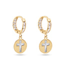 14E00419. - 14 Karat Yellow Gold Dangling Cross Clear CZ 12mm Hoop Earrings