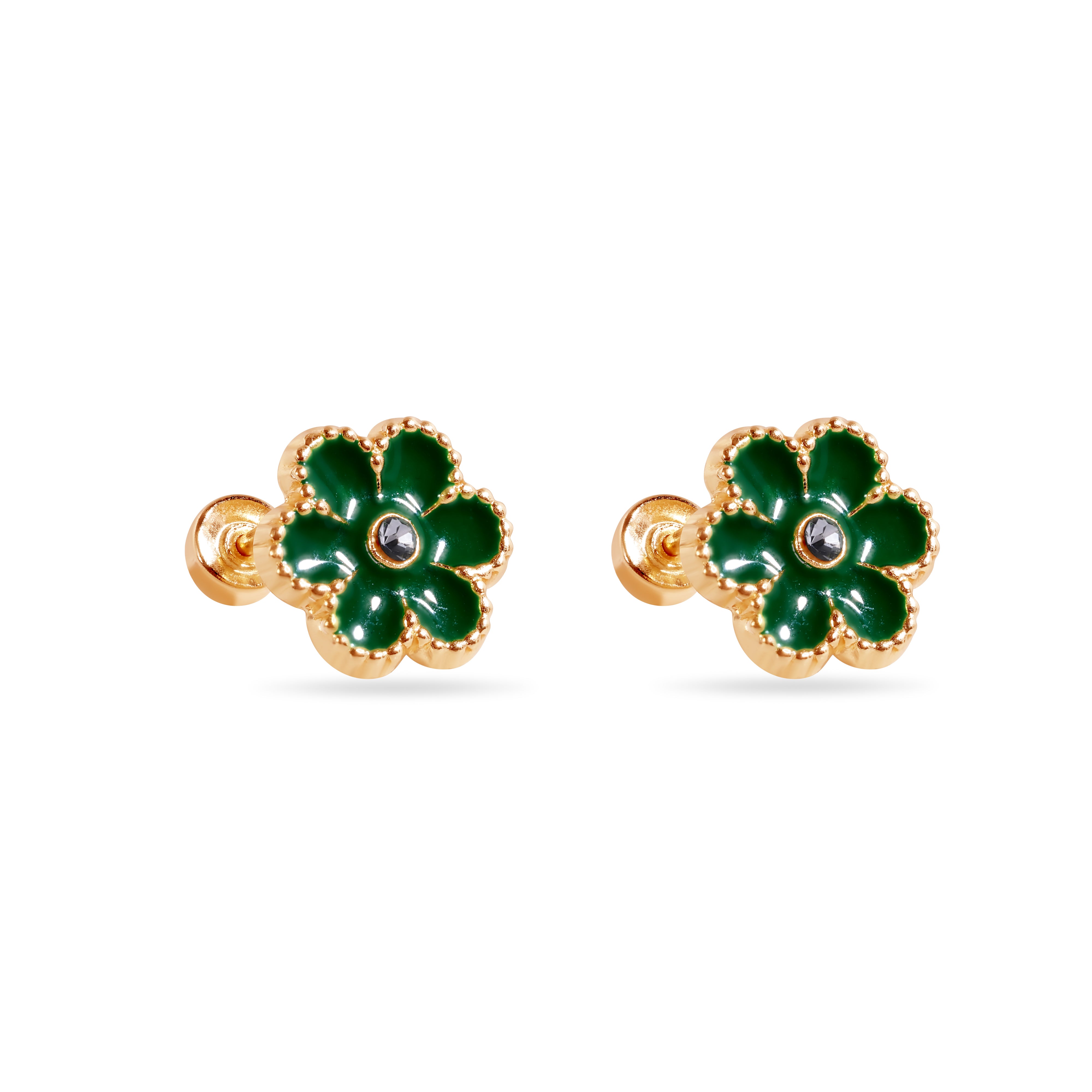 14E00447-GREEN - 14 Karat Green Flower Enamel 8.5mm Clear CZ Screw Back Earrings