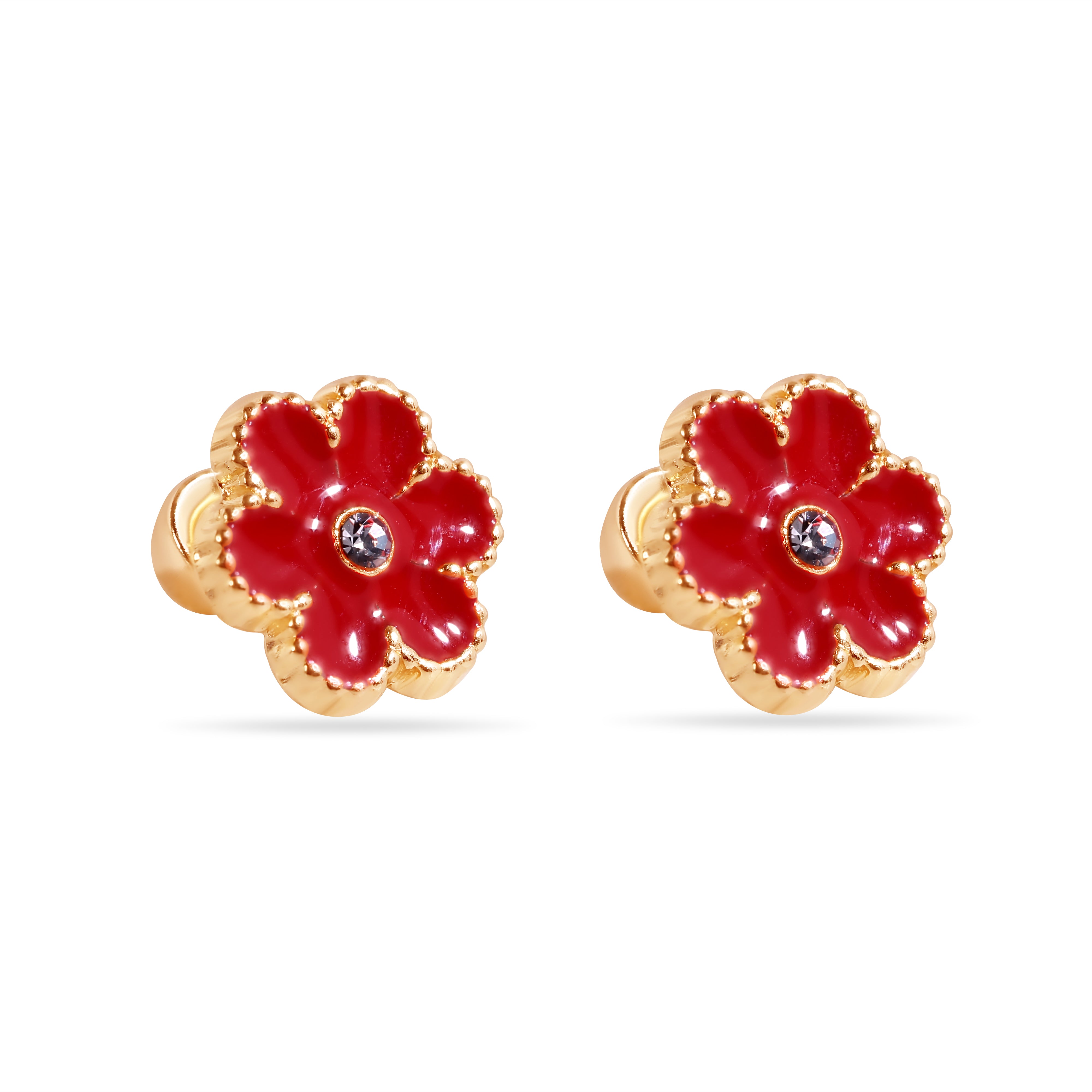 14E00447-RED - Pendientes de flor roja de esmalte de 14 quilates de 8,5 mm con circonita cúbica transparente y cierre de rosca