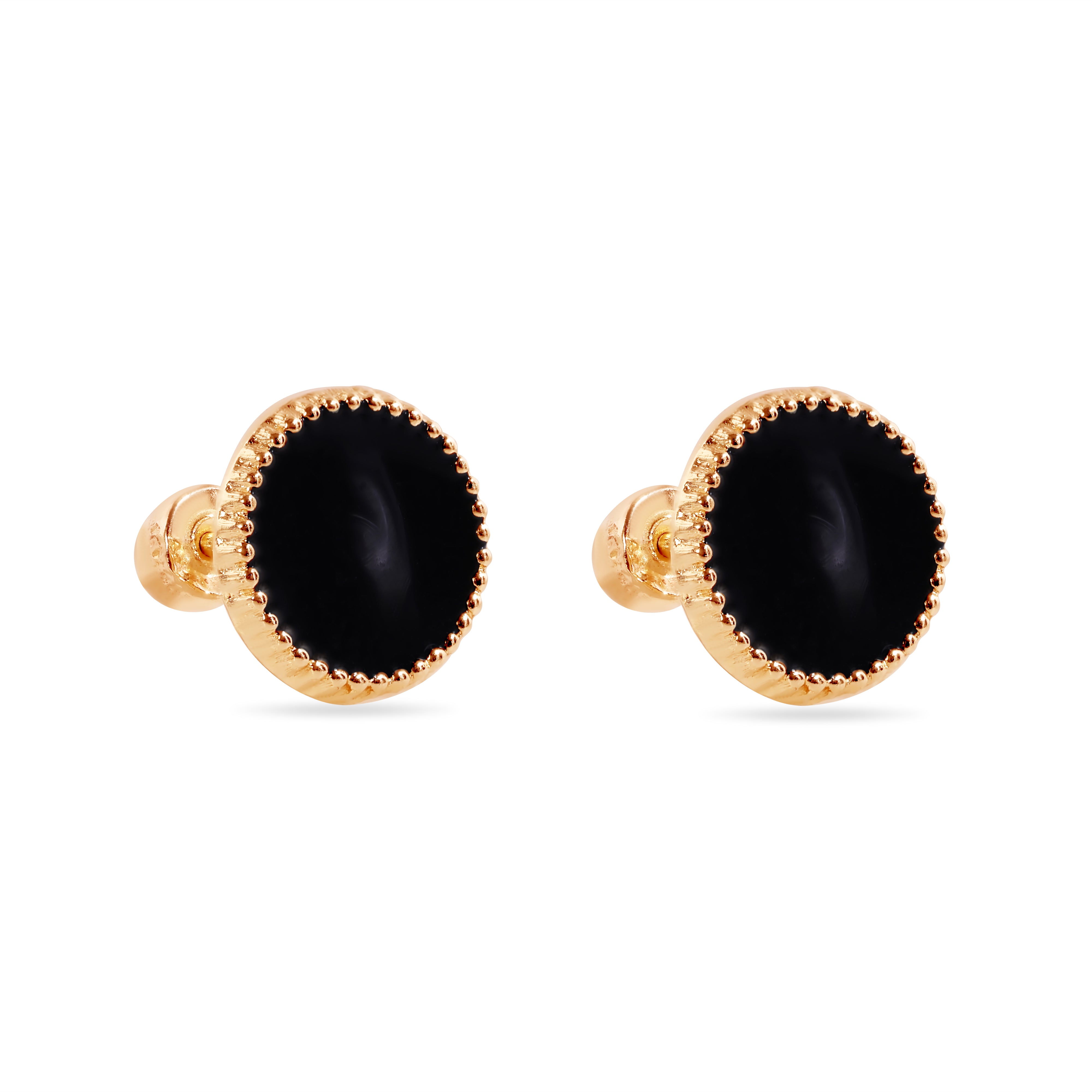 14E00448-BLACK - Pendientes circulares de esmalte negro de 14 quilates de 8,3 mm con cierre de rosca