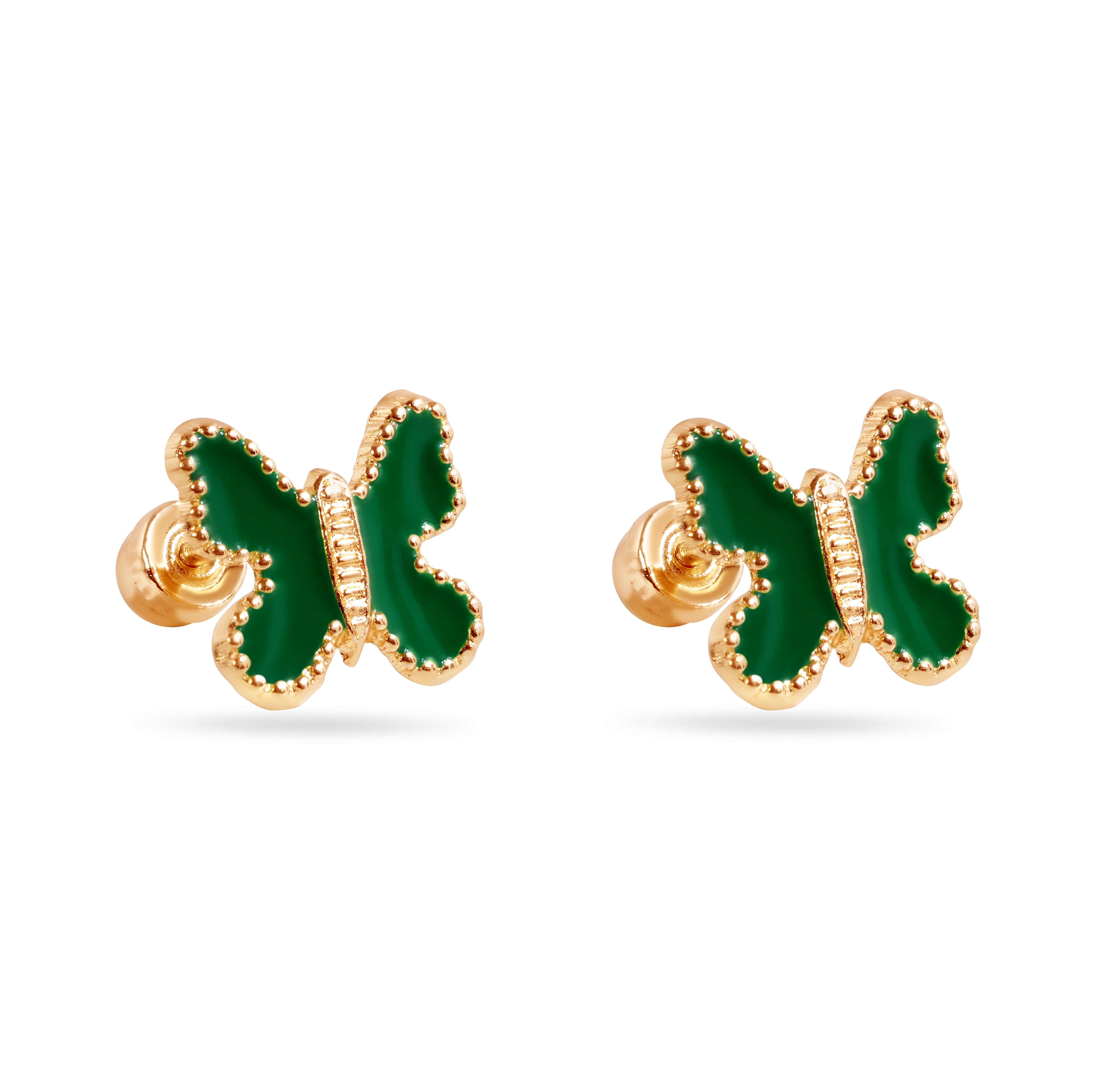 14E00449-GREEN - Pendientes de mariposa de esmalte verde de 14 quilates de 8 mm con cierre de rosca
