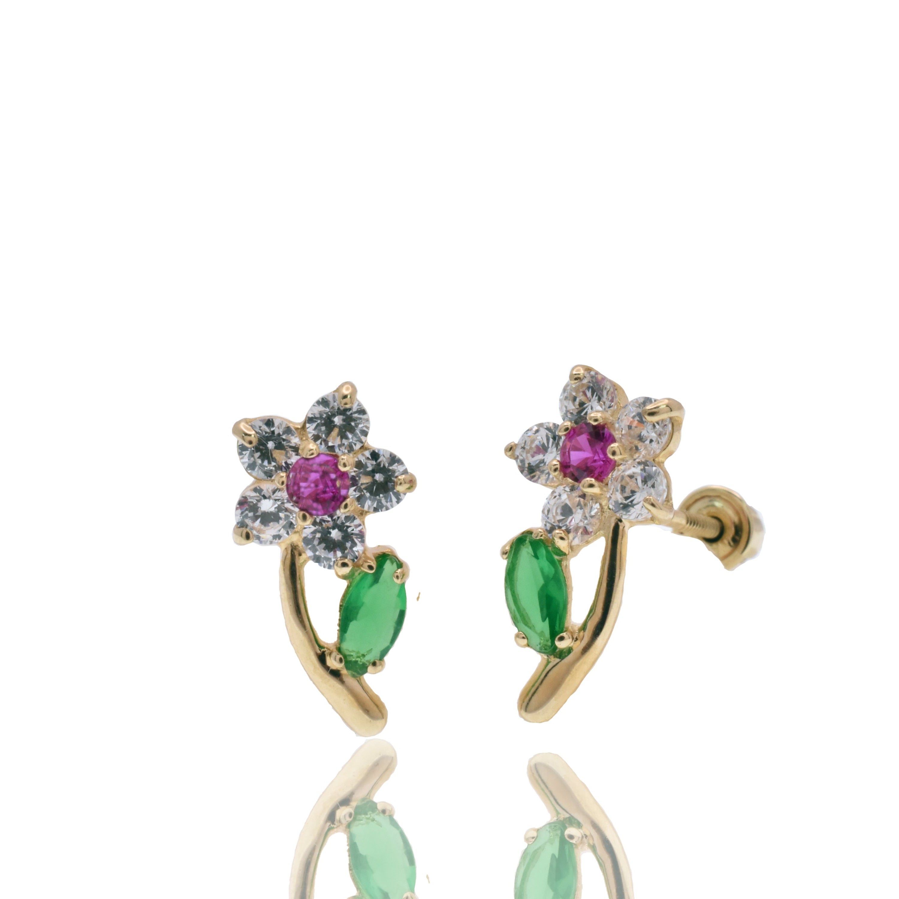 14E00468 - 14 Karat Yellow Gold Flower Emerald Leaf Baguette Clear and Red CZ 5.8mm x 11.4mm Screw Back Earring