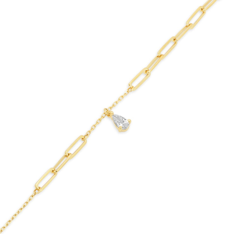 14KB0007. - 14 Karat Yellow Gold Teardrop CZ Charm Paperclip Adjustable Bracelet