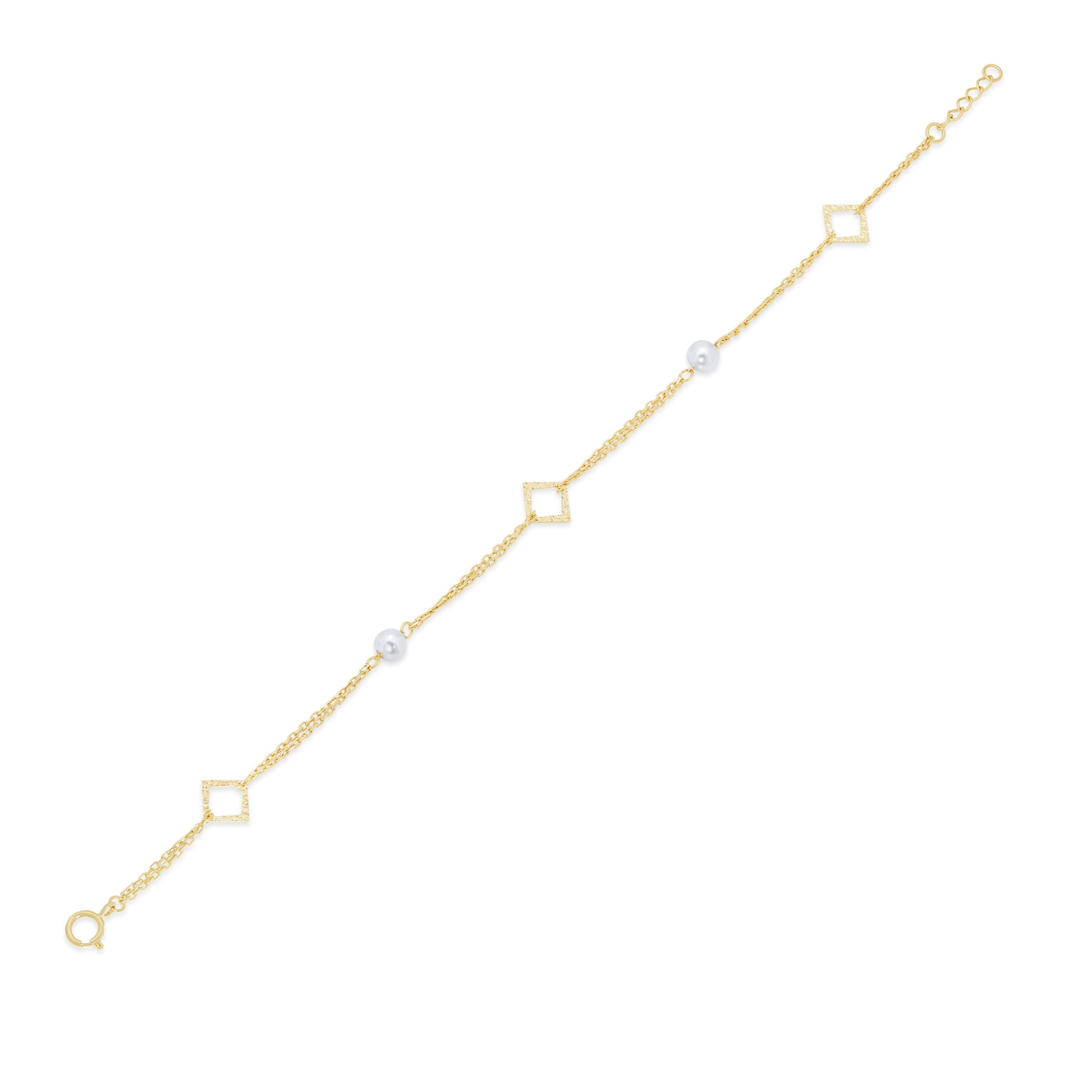 14KB0010. - 14 Karat Yellow Gold Fresh Water Pearl Diamond Cut Square Charms Adjustable Bracelet