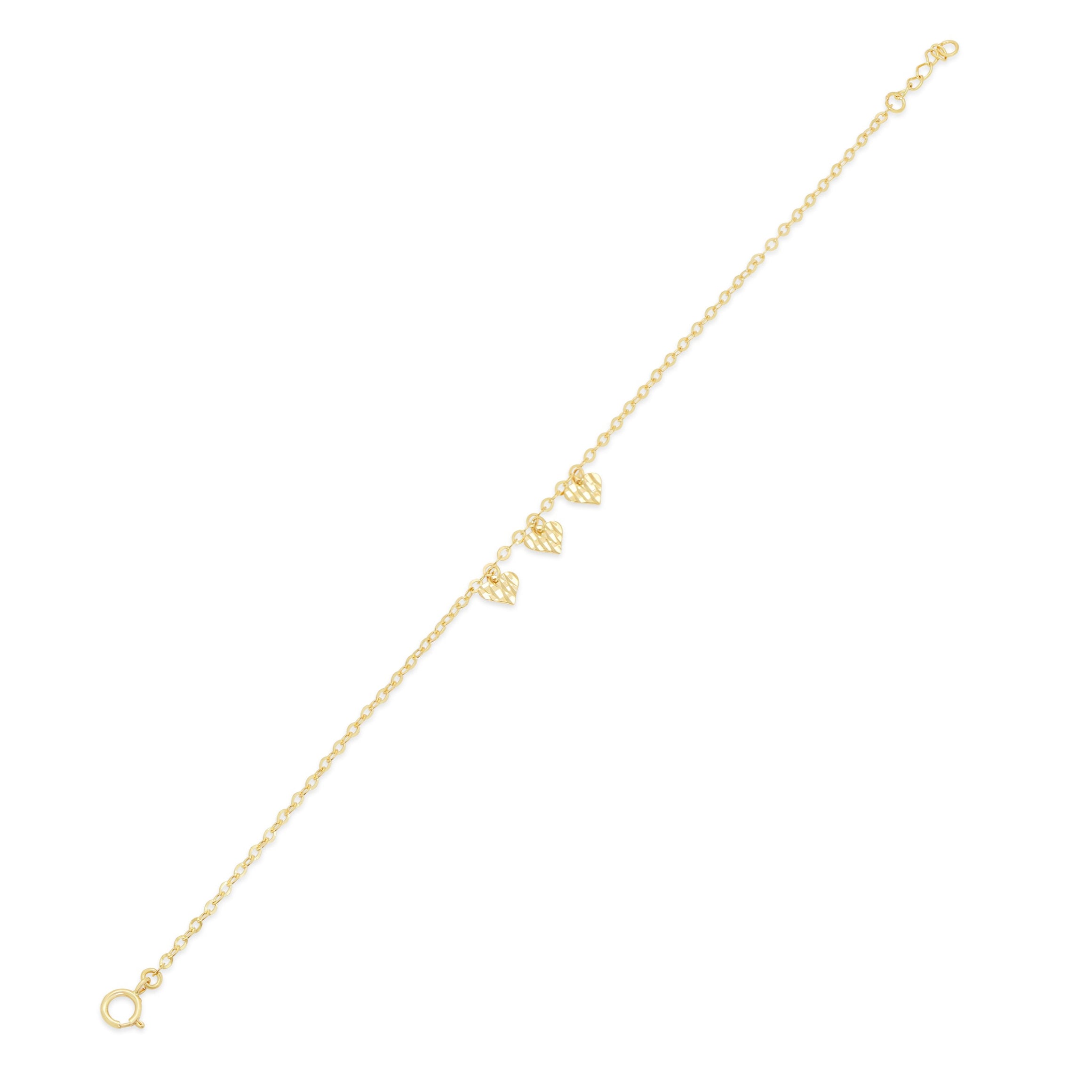 14KB0012. - 14 Karat Yellow Gold Three Diamond Cut Heart Charm Adjustable Bracelet