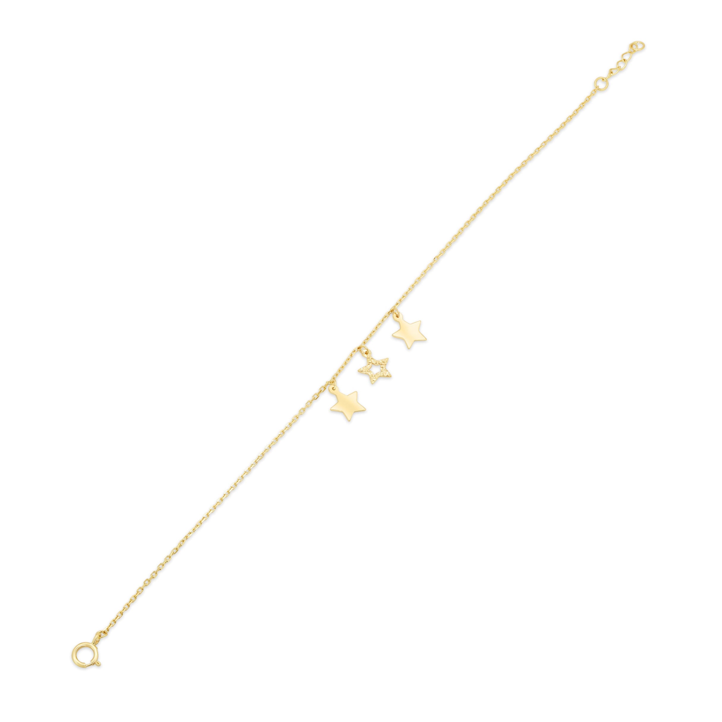 14KB0019. - 14 Karat Yellow Gold Three Stars Diamond Cut Charm Adjustable Bracelet
