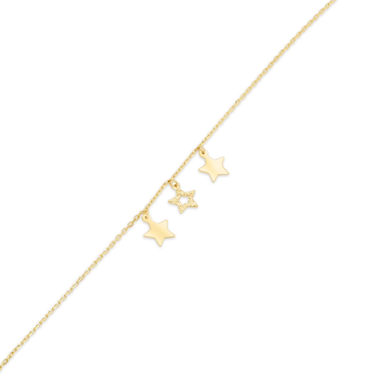 14KB0019. - 14 Karat Yellow Gold Three Stars Diamond Cut Charm Adjustable Bracelet