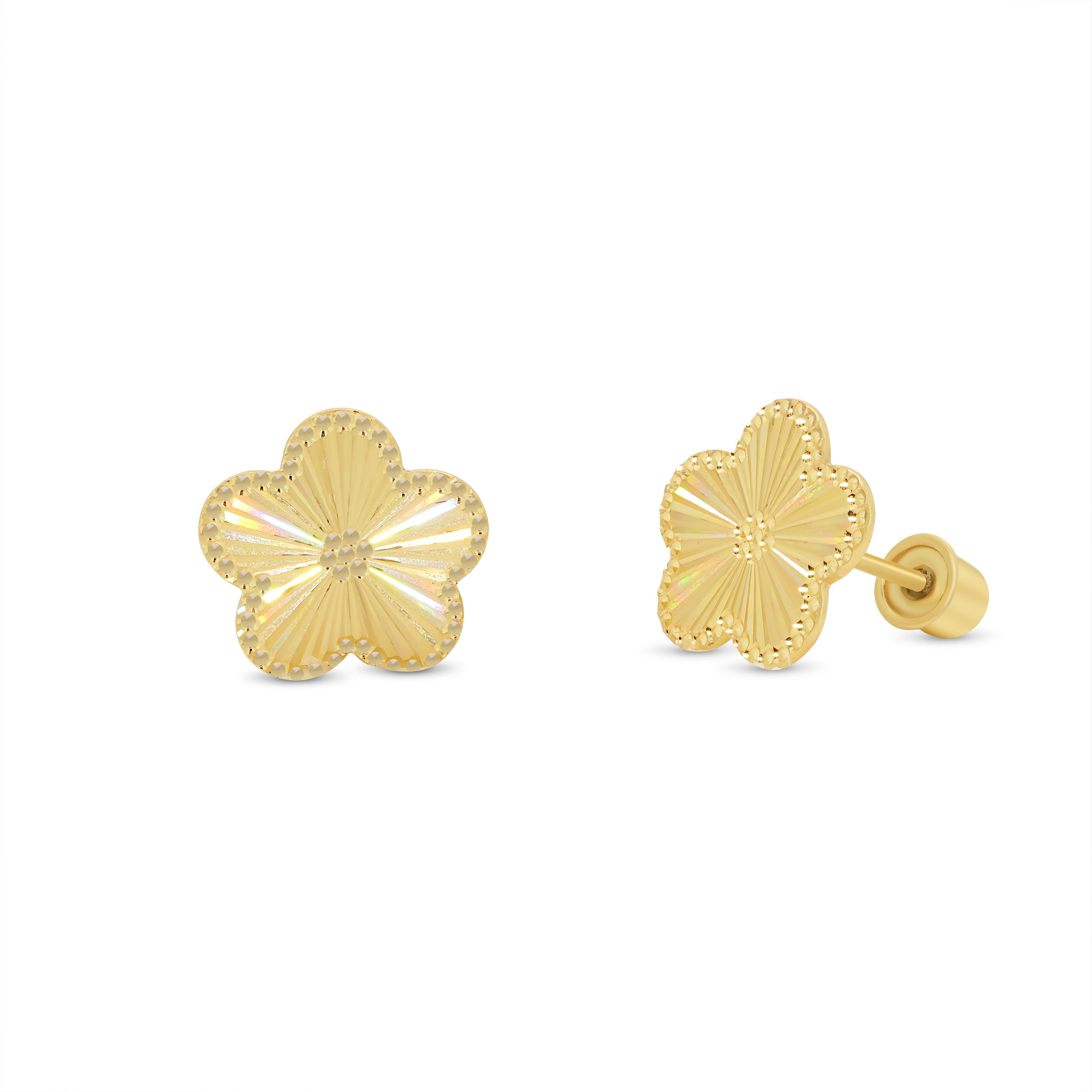 14KE0004. 14 Karat Yellow Gold Diamond Cut Iridescent Flower Earrings