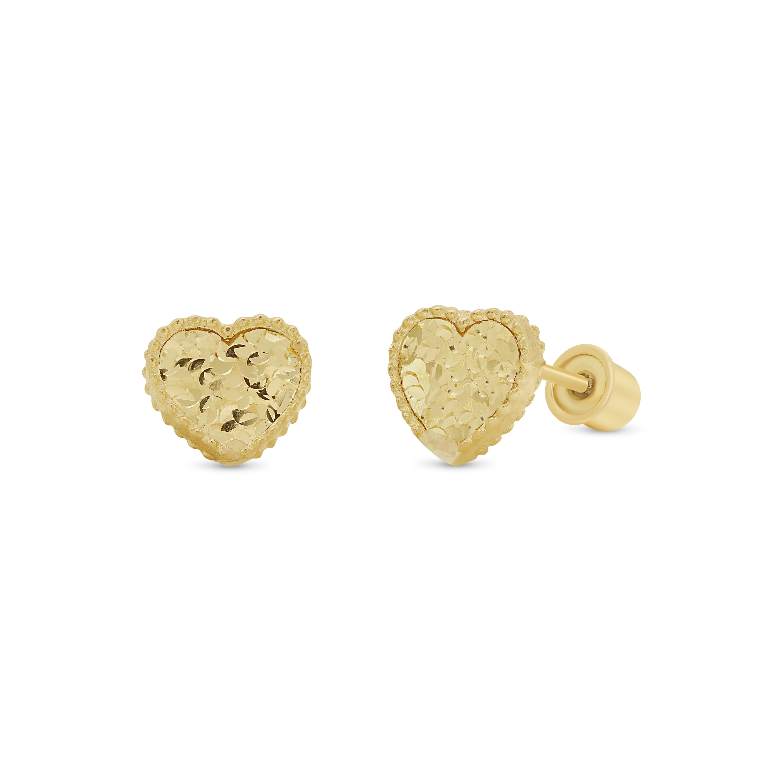 14KE0006. - 14 Karat Yellow Gold Diamond Cut Heart Earrings