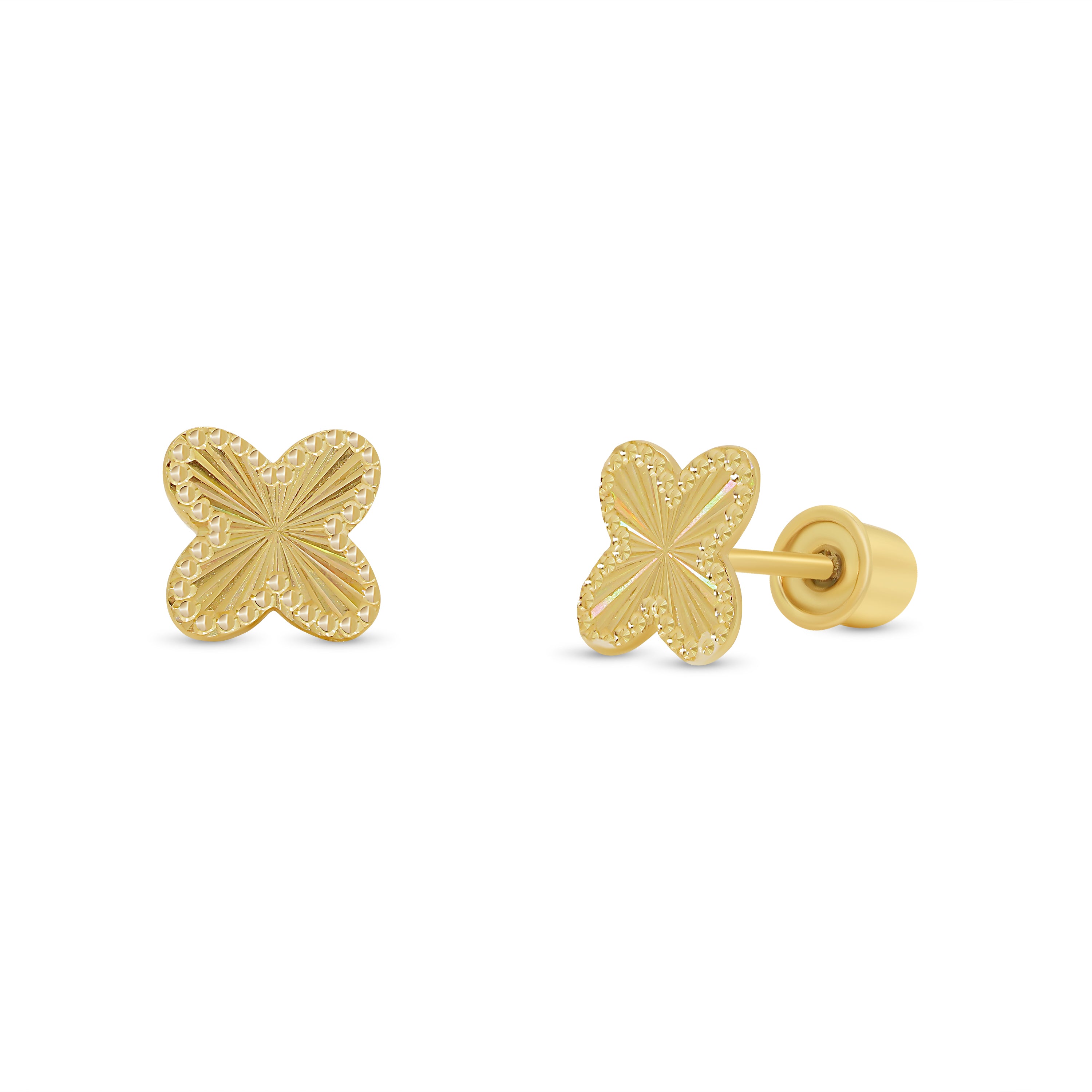 14KE0012. - 14 Karat Yellow Gold Beaded & Iridescent Diamond Cut Clover Earrings