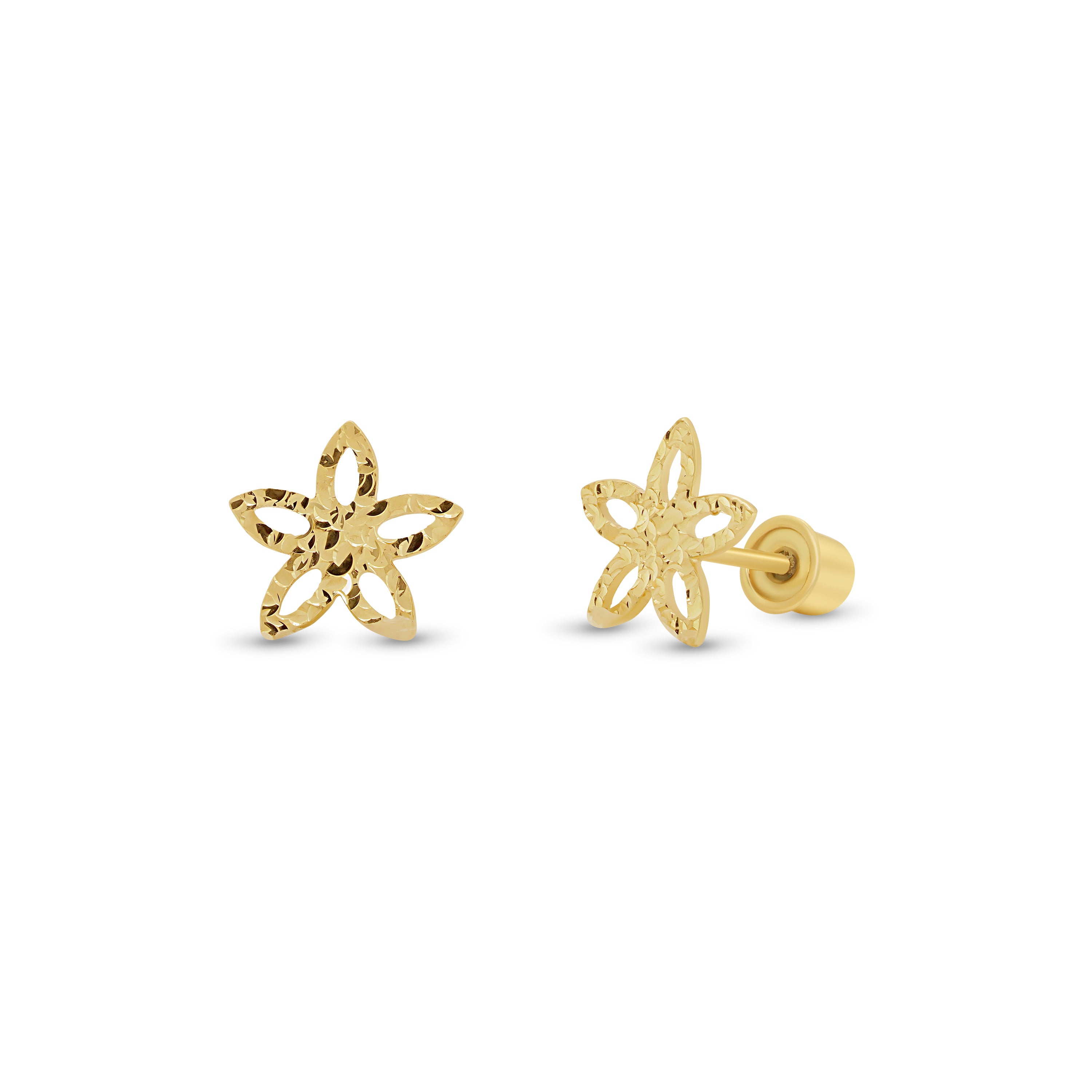 14KE0013. - 14 Karat Yellow Gold Diamond Cut Star Flower Earrings