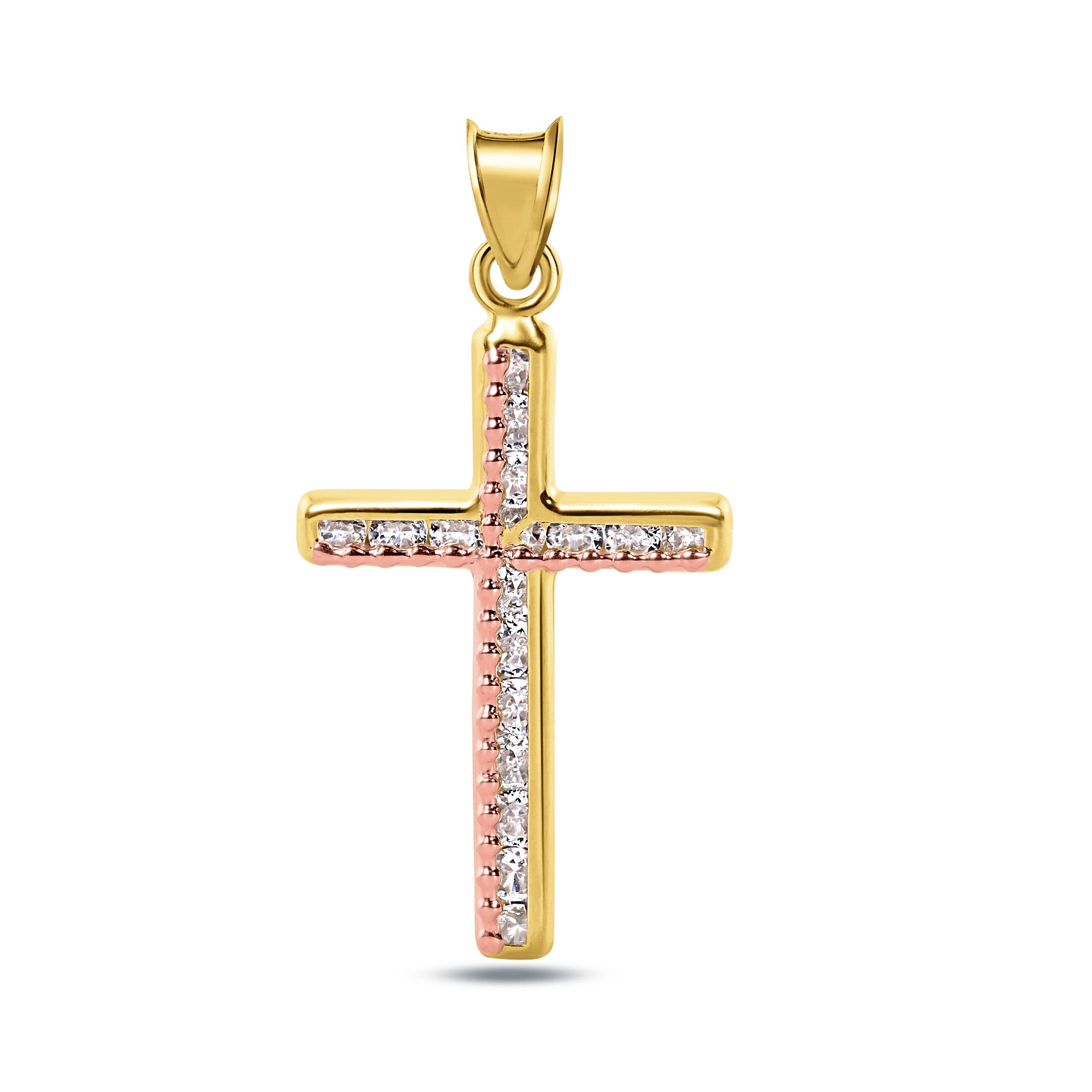 14P00052 - 14 Karat Yellow Gold Beaded Cross Clear CZ Pendant
