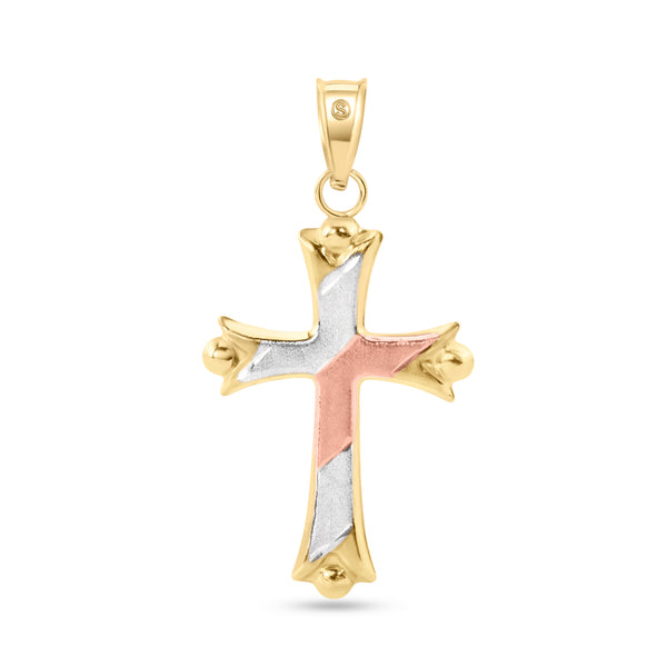 14P00077. - 14 Karat Yellow Gold Tri Color 2-Sided Patterned Hollow Tube Cross Pendant