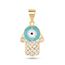 14P00117. - 14 Karat Yellow Gold Hamsa Enamel Turquiose and White with Clear CZ Pendant