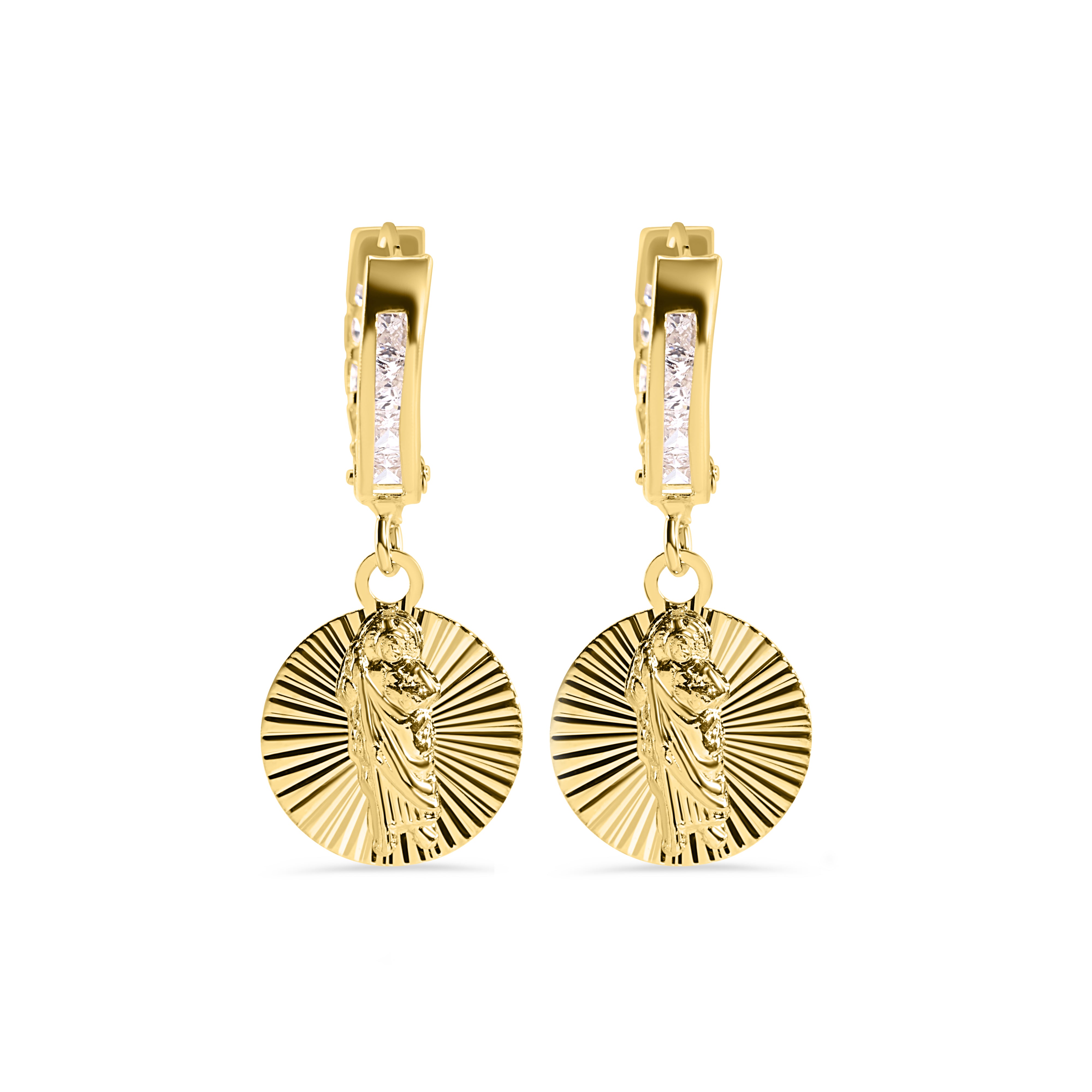 14E00455. - Pendientes de aro de 12 mm con circonitas cúbicas transparentes y corte de diamante de San Judas Tadeo. Oro amarillo de 14 quilates.