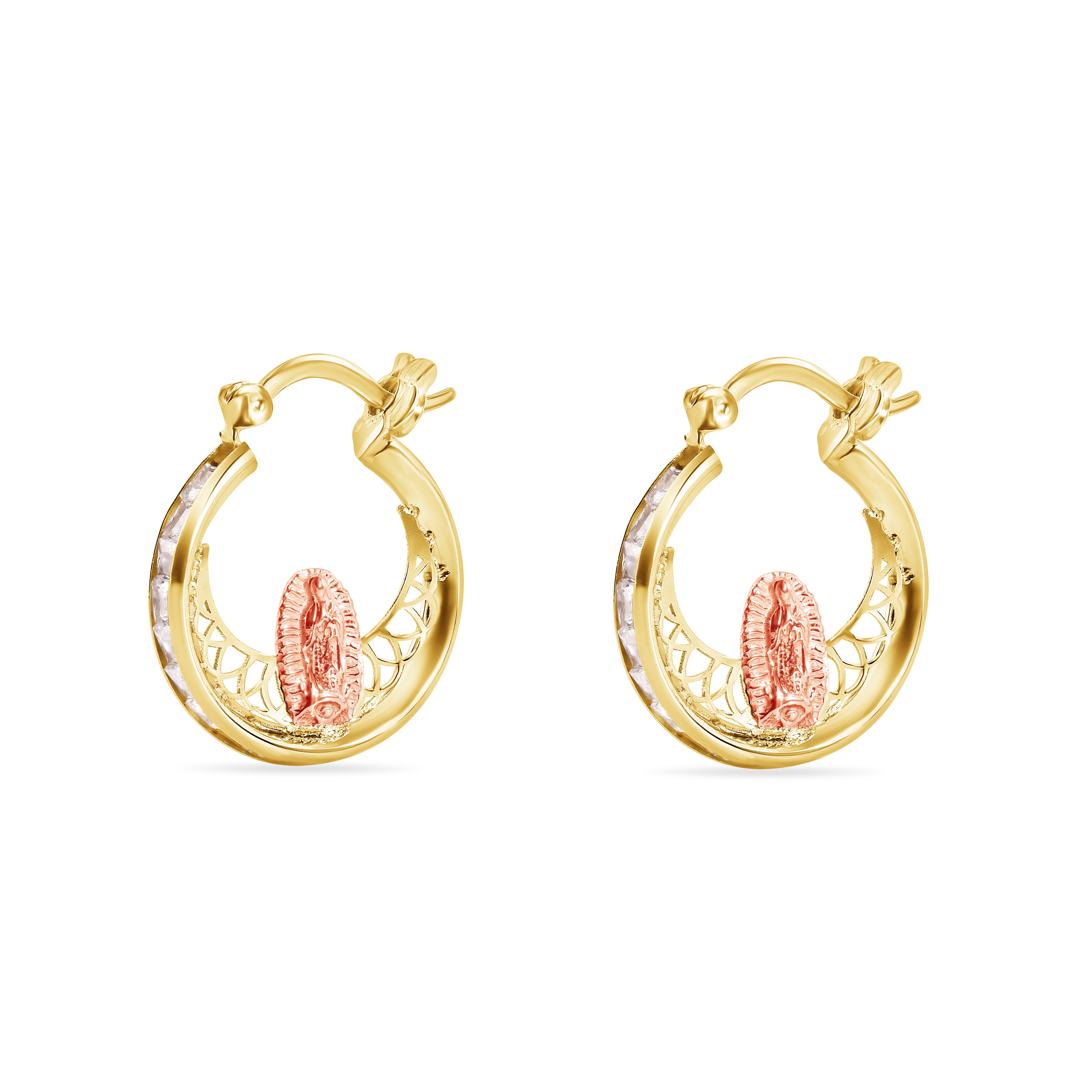 14E00456. - Aretes de aro de oro amarillo de 14 quilates de 17,8 mm con circonitas transparentes de dos tonos y cierre de seguridad de Nuestra Señora de Guadalupe.