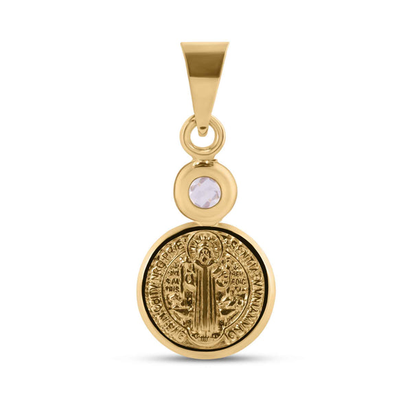 14P00108. - 14 Karat Yellow Gold 11mm Saint Benedict Medal Clear CZ Pendant