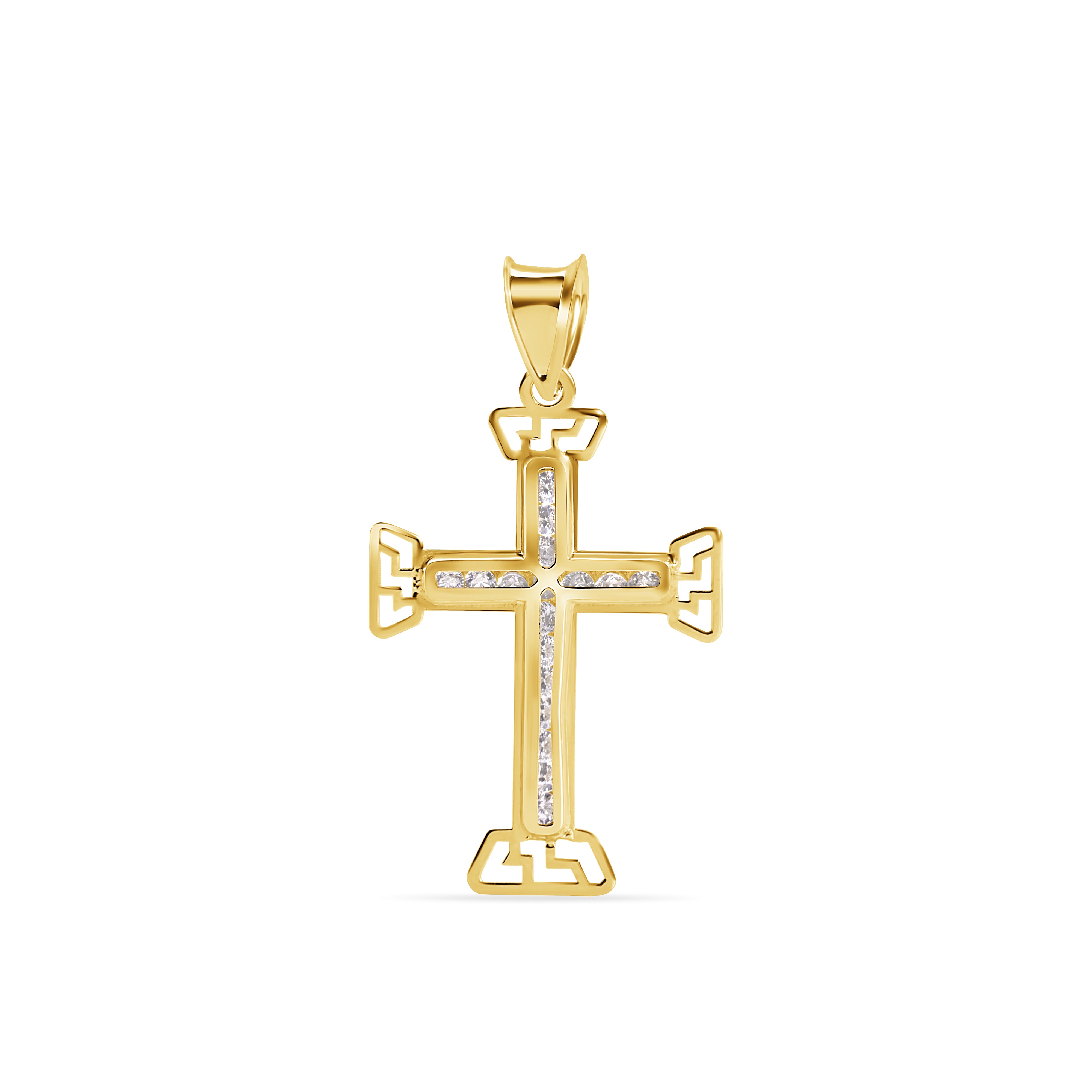 14P00141. - 14 Karat Yellow Gold Multi Faceted Cross Clear CZ Pendant