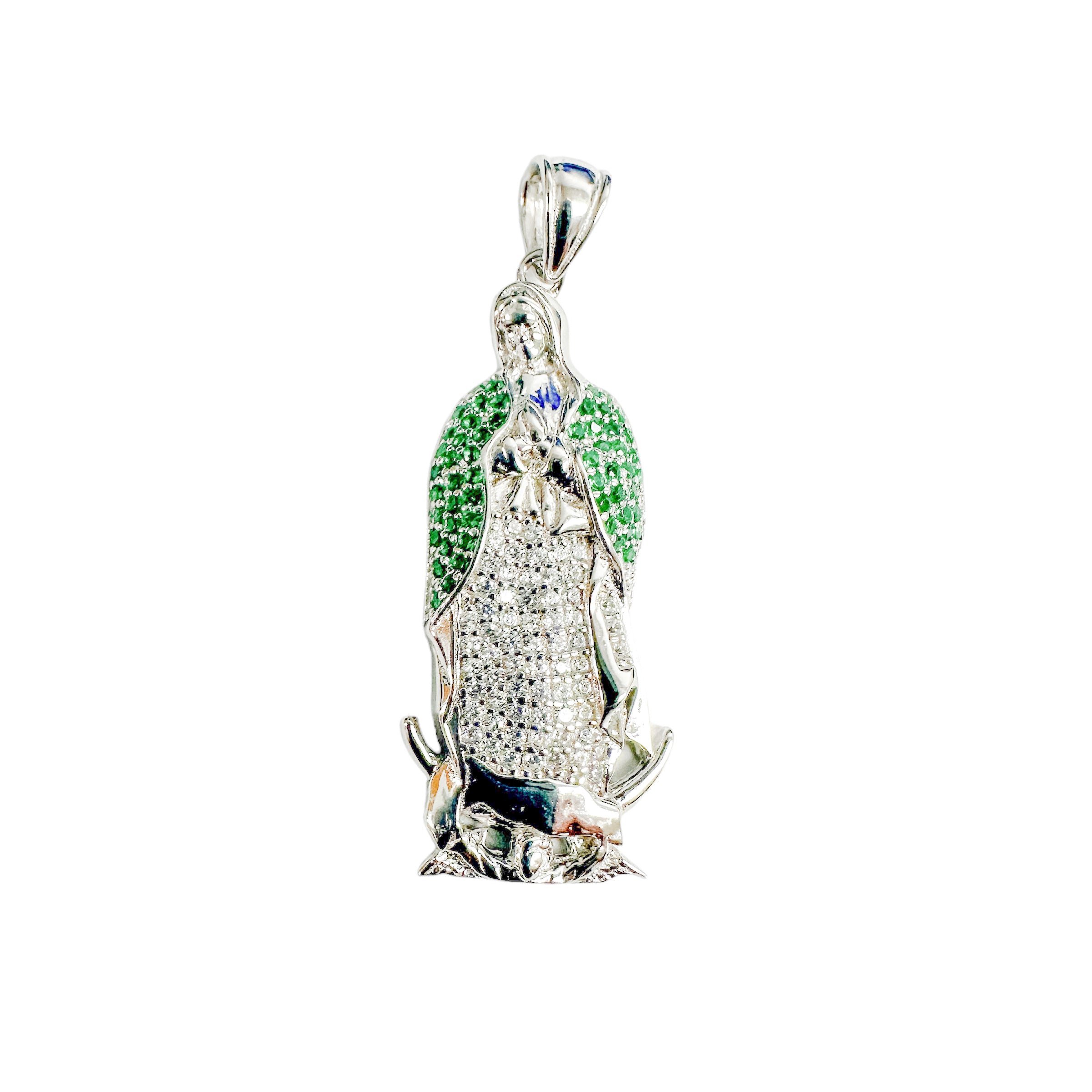 Colgante de Virgen María en plata de ley 925 rodiada con circonitas transparentes y verdes - SLP00364