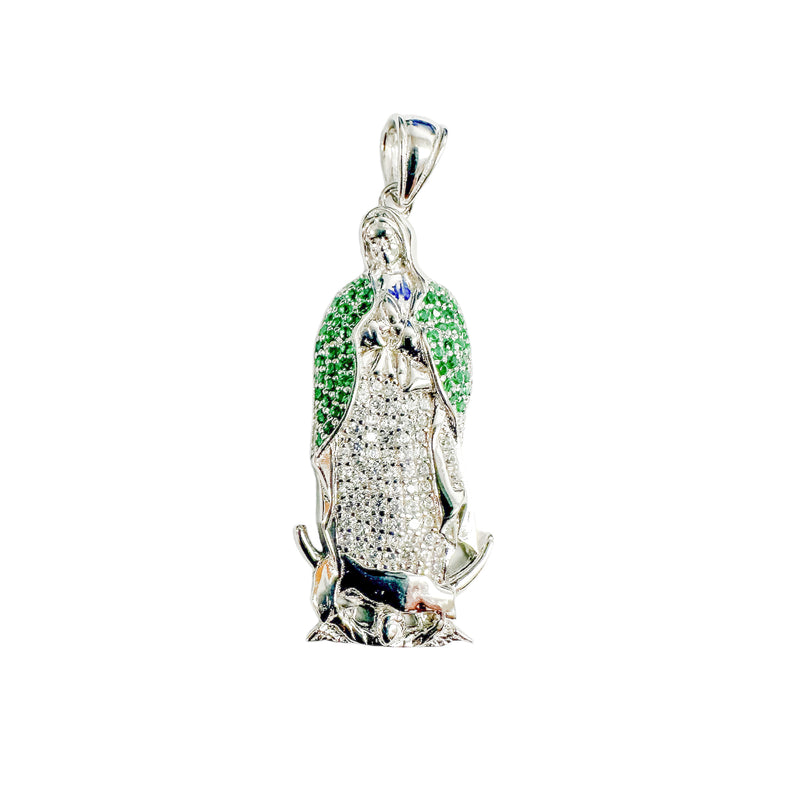 Rhodium Plated 925 Sterling Silver Virgin Mary Clear and Green CZ Pendant - SLP00364