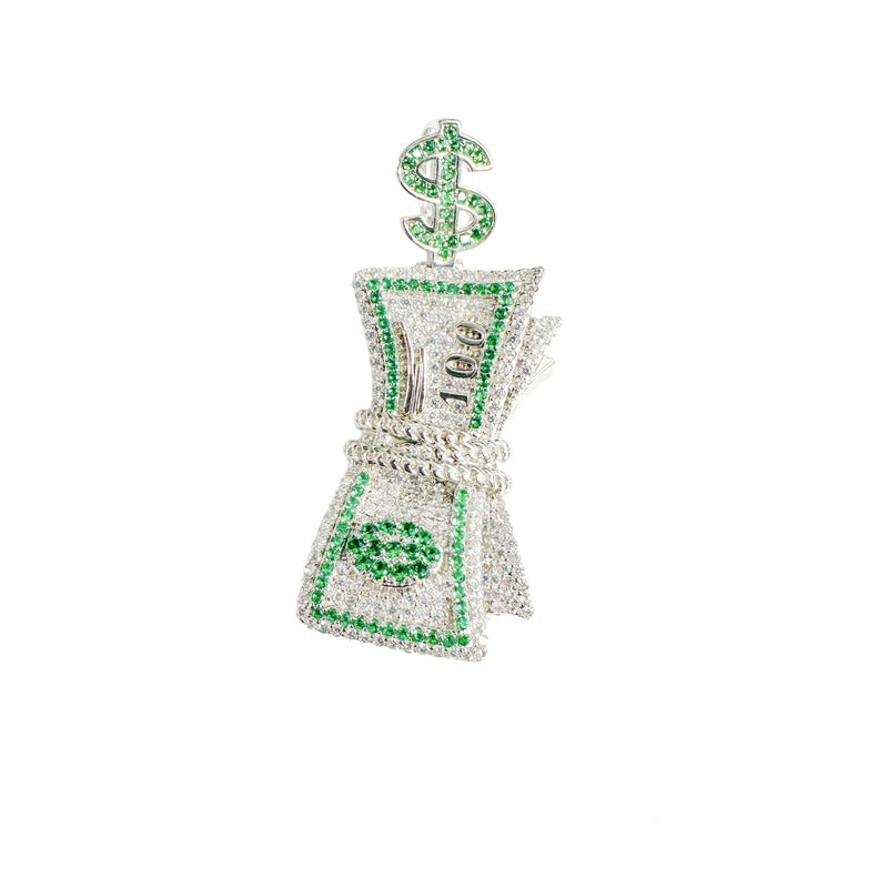 Rhodium Plated 925 Sterling Silver Bundle of Cash Clear and Green CZ Dollar Vale Pendant - SLP00361