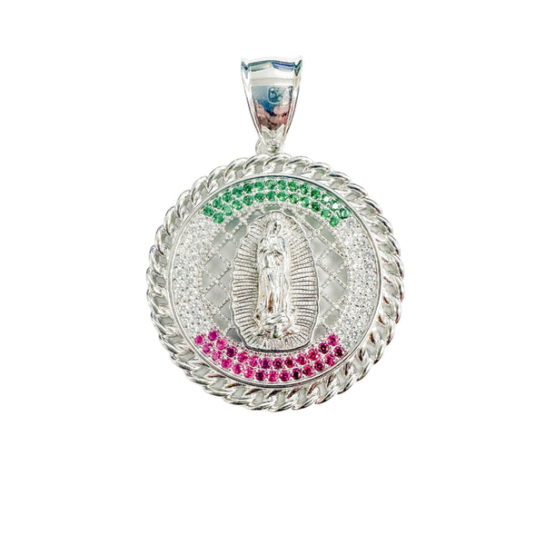 Rhodium Plated 925 Sterling Silver Our Lady of Guadalupe Clear Green and Red CZ 29mm Pendant - SLP00360