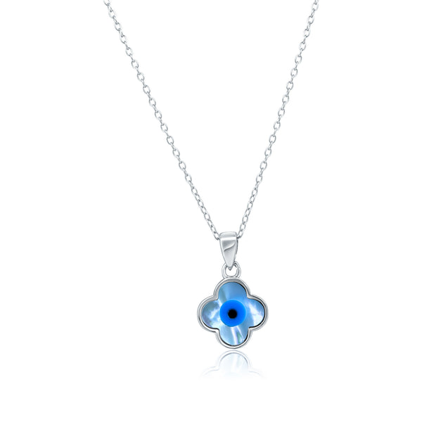 Rhodium Plated 925 Sterling Silver Flower Evil Eye Mother of Pearl Necklace - AAP00004