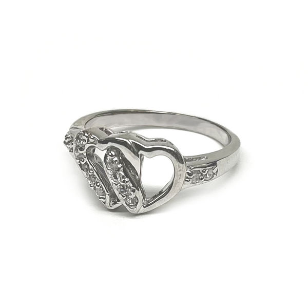 Rhodium Plated 925 Sterling Silver Open Double Heart Clear CZ Ring - AAR0029