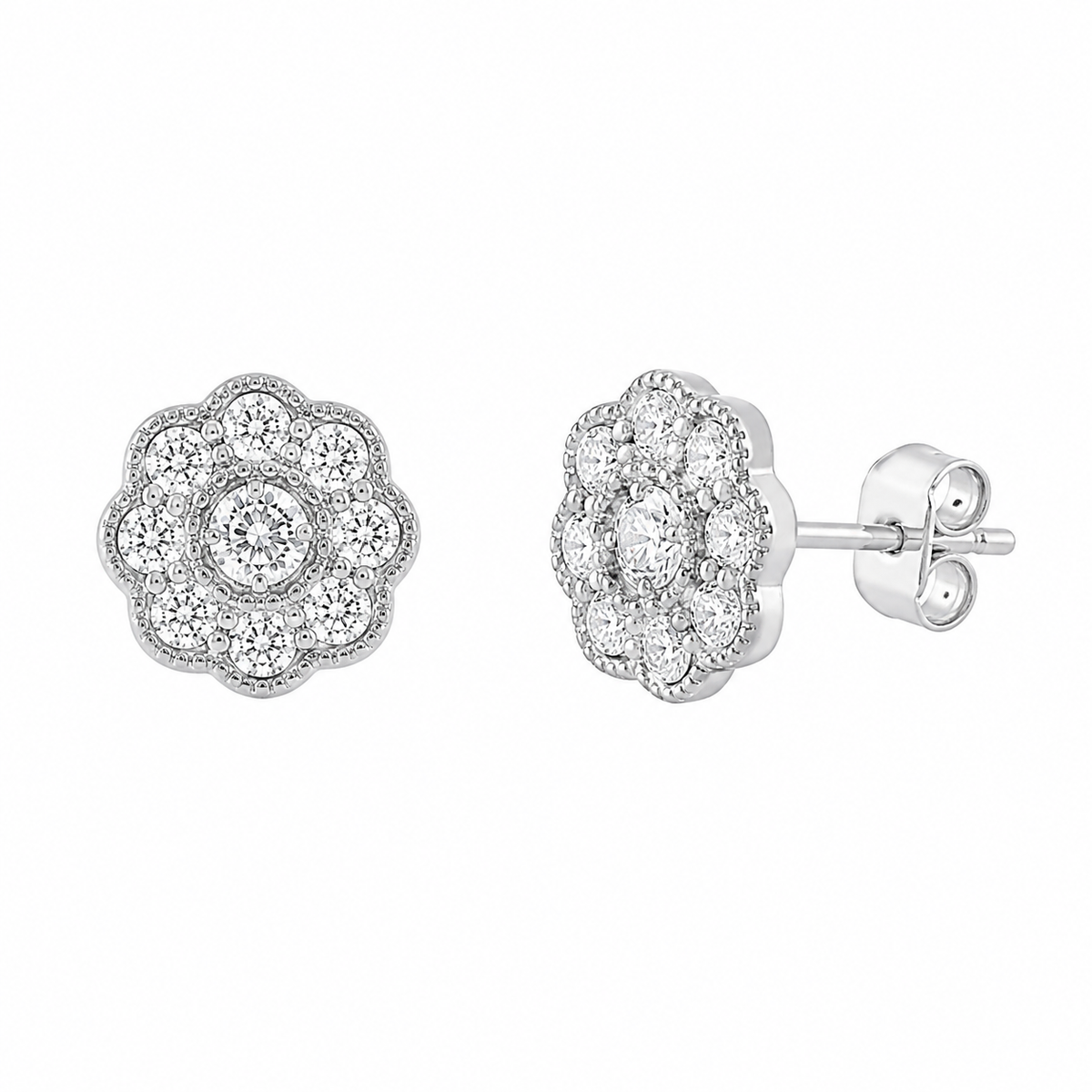 Pendientes de tuerca con circonita cúbica transparente y micro pavé chapados en rodio de plata 925 - ACE00023