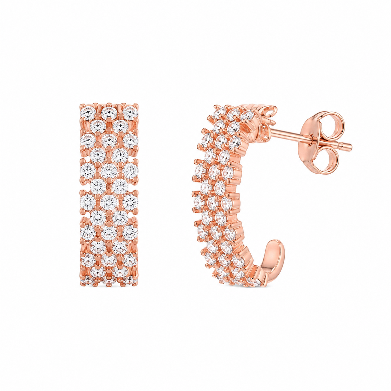 Rose Gold Plated 925 Sterling Silver Checkered CZ Semi-huggie Hoop Earrings - ACE00082RGP