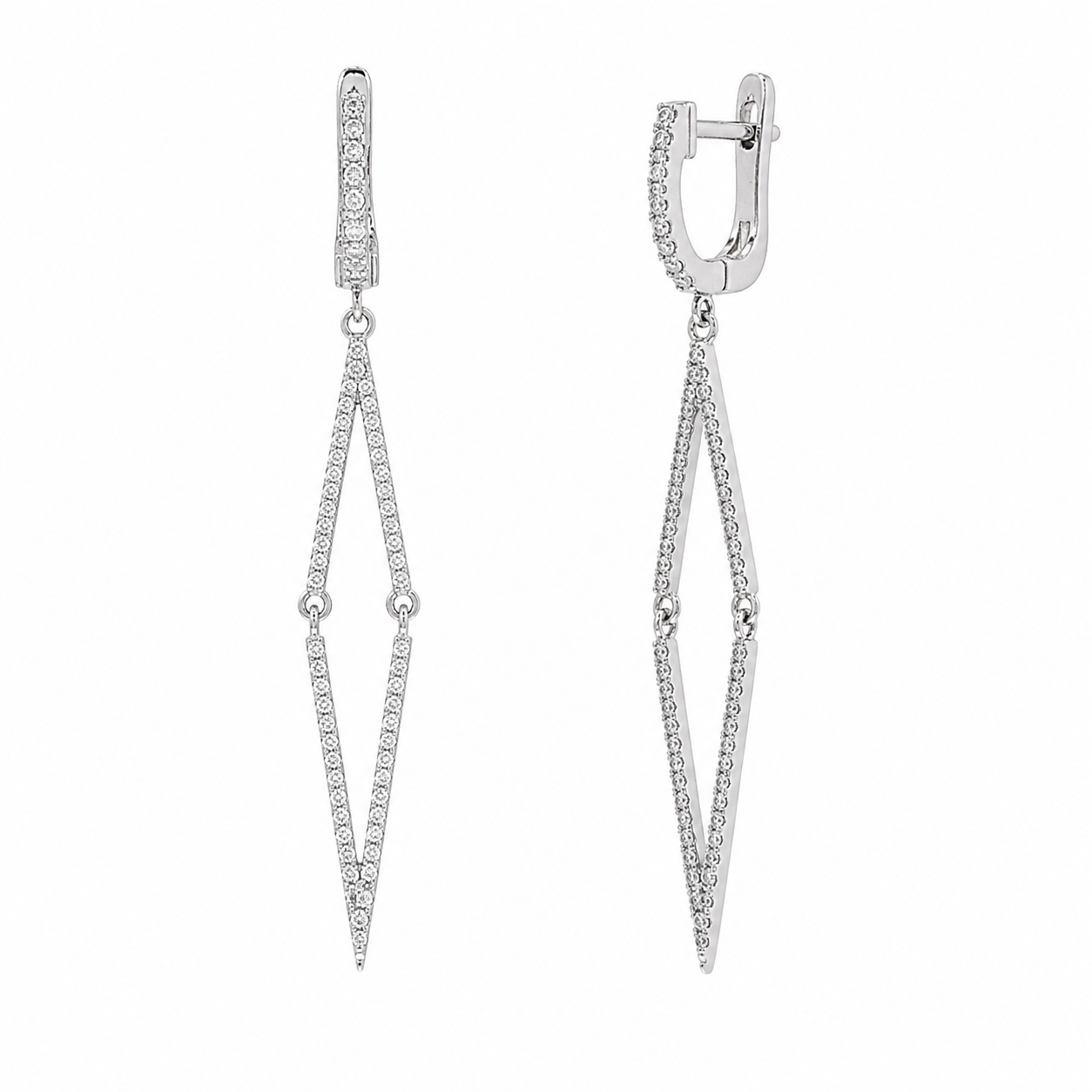 Rhodium Plated 925 Silver Elongated Diamond Shaped Huggie Dangle Earrings- ACE00101RH