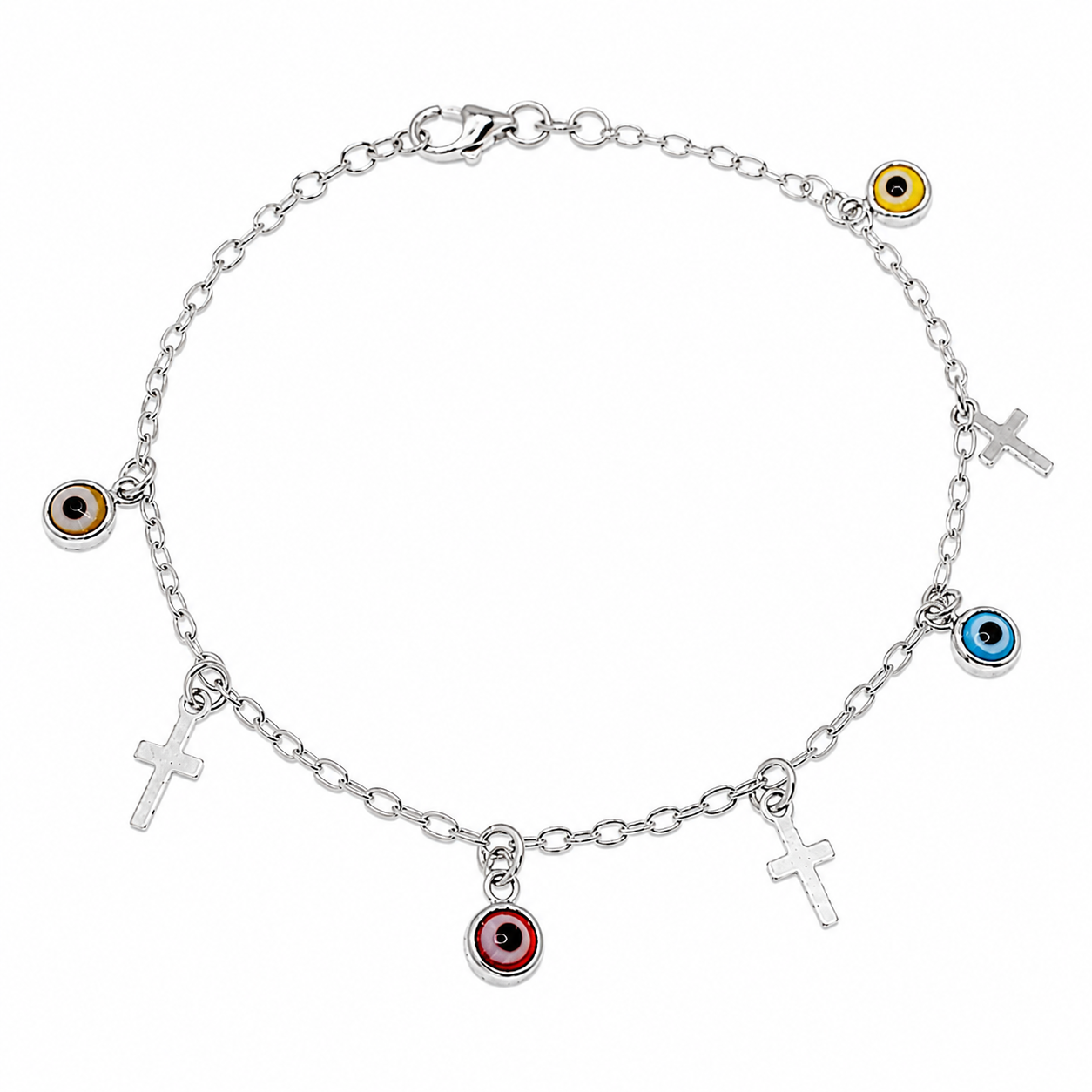 Rhodium Plated 925 Sterling Silver Six Multi Color Evil Eye 4.5mm Charm Adjustable Bracelet - APB00005