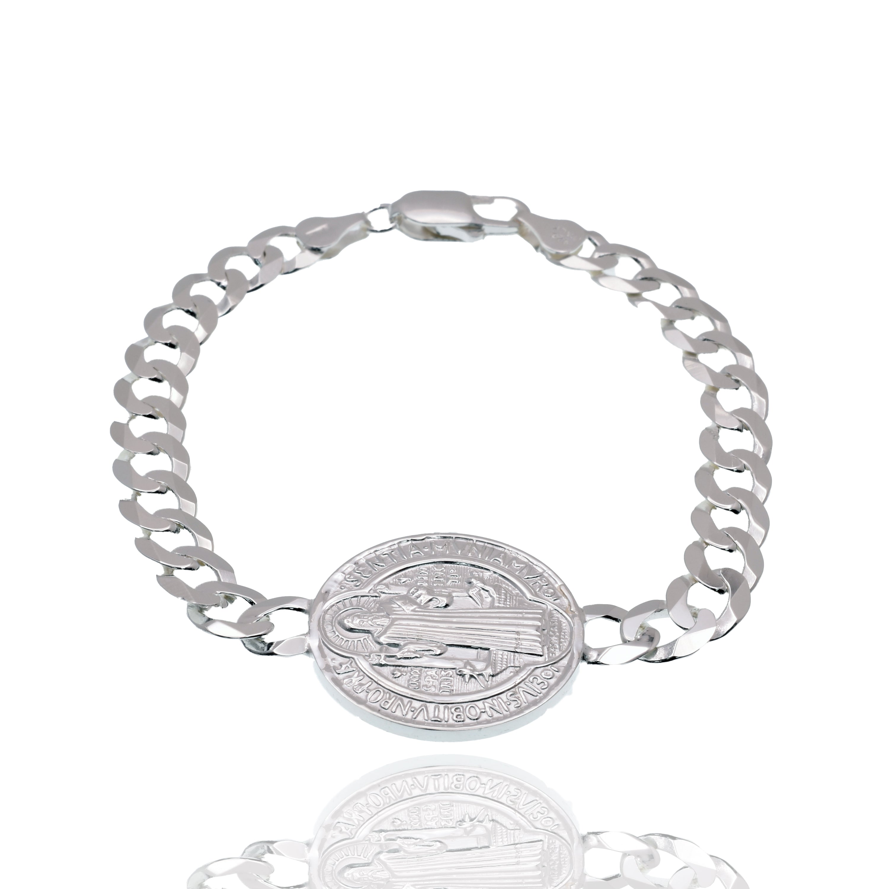 High Polished 925 Sterling Silver 25.2mm Saint Benedict Charm on 7mm Curb Bracelet - ARB00070