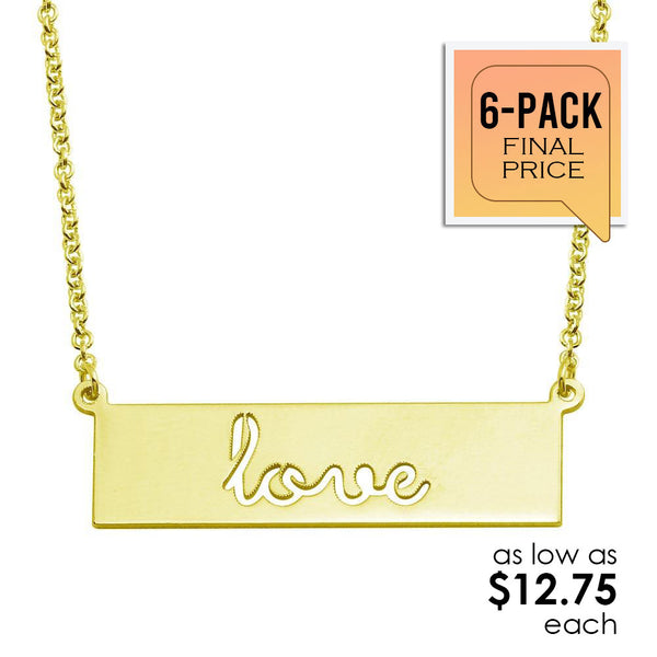 Gold Plated 925 Sterling Silver Love Engraved Bar Pendant Necklace (6/Pk)  - ARN00055GP-PX