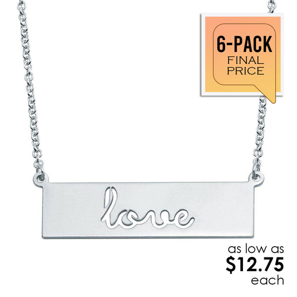 Rhodium Plated 925 Sterling Silver Love Engraved Bar Pendant Necklace (6/Pk)  - ARN00055RH-PX