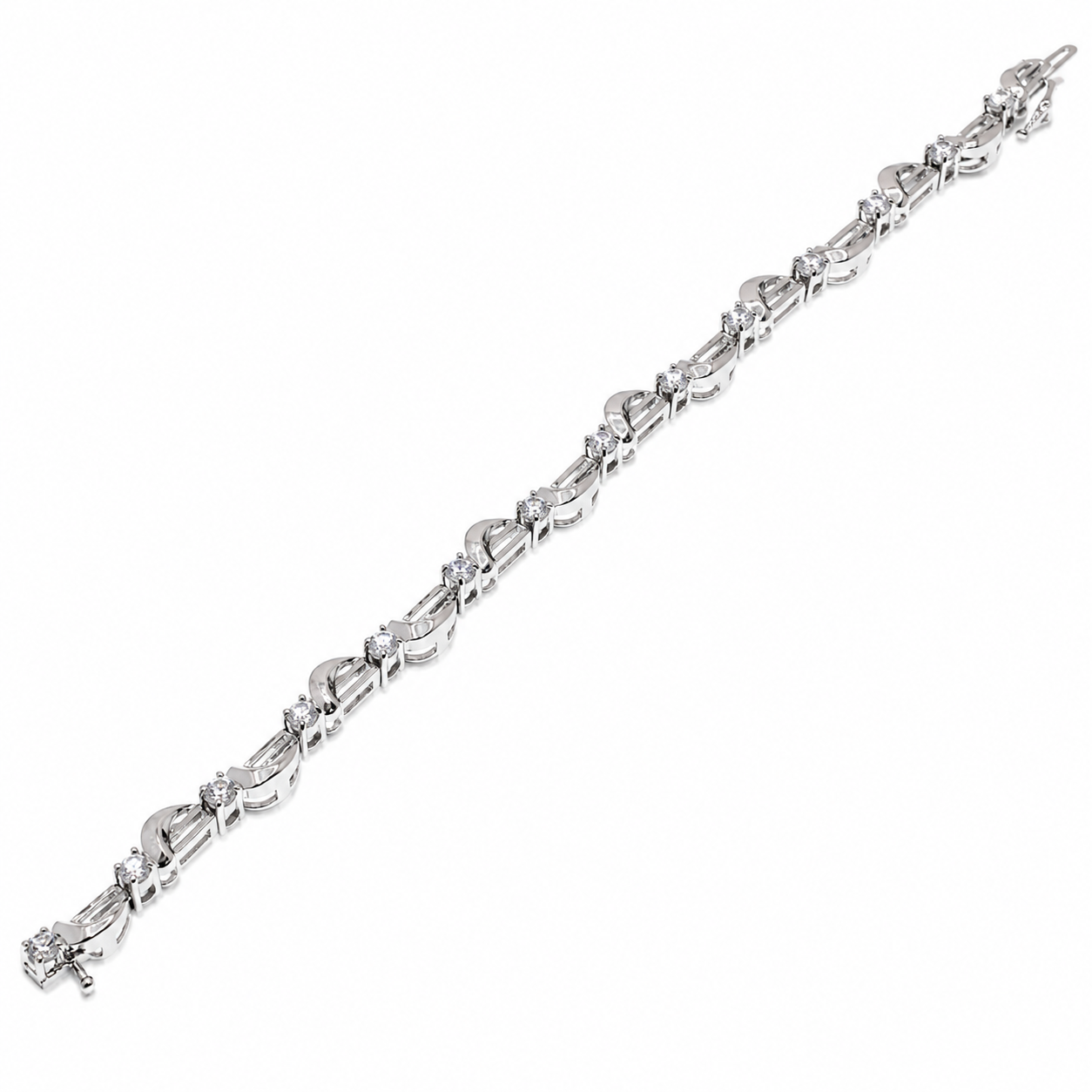 Clearance - Rhodium Plated 925 Silver Wave & Bar Link CZ Tennis Bracelet - B00016
