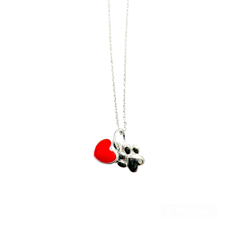 Rhodium Plated 925 Sterling Silver Dog Paw Red Enamel Heart Pendant Necklace - STP01854