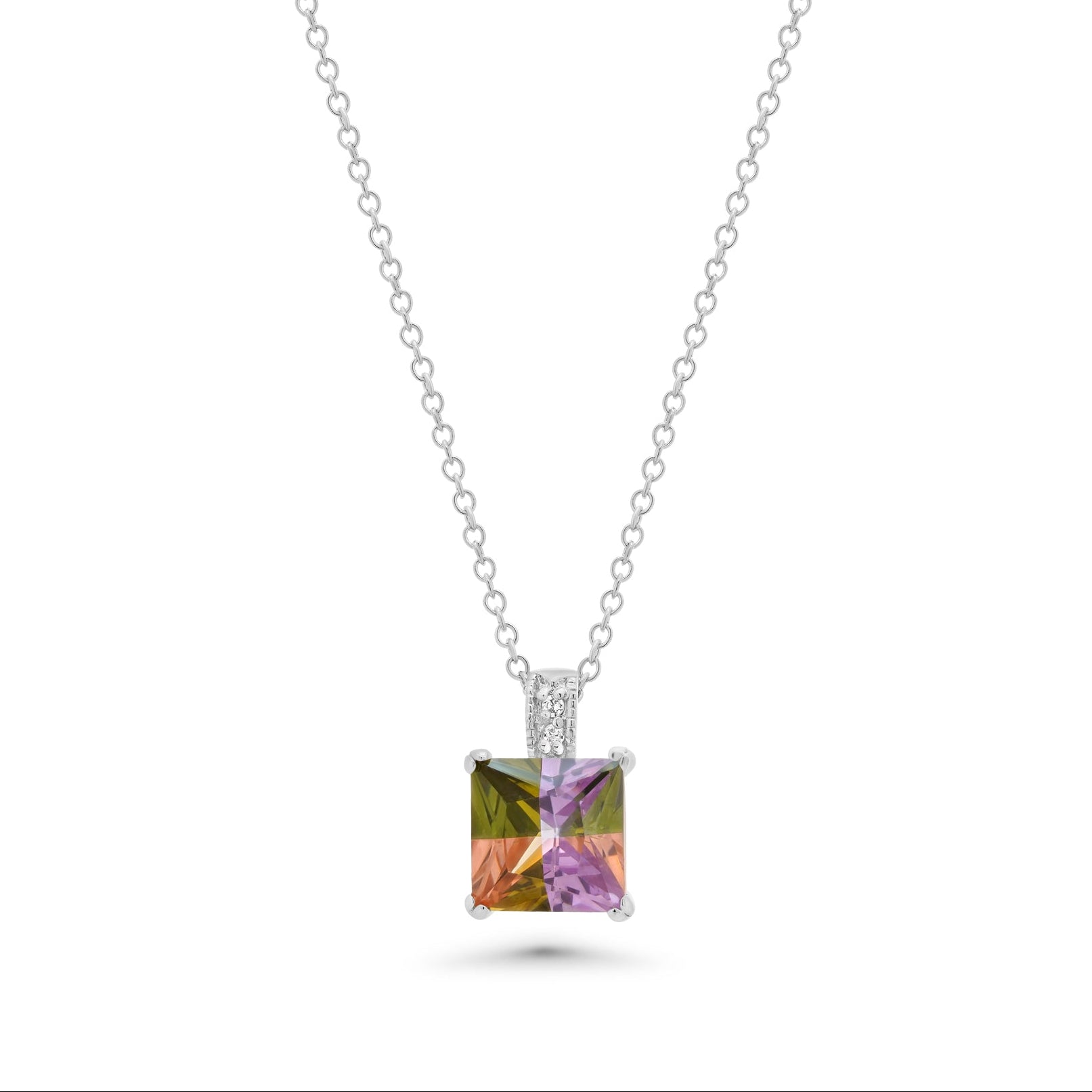 Clearance-Silver 925 Multi Color CZ Rhodium Plated Square Stone Pendant Necklace - BGP00051