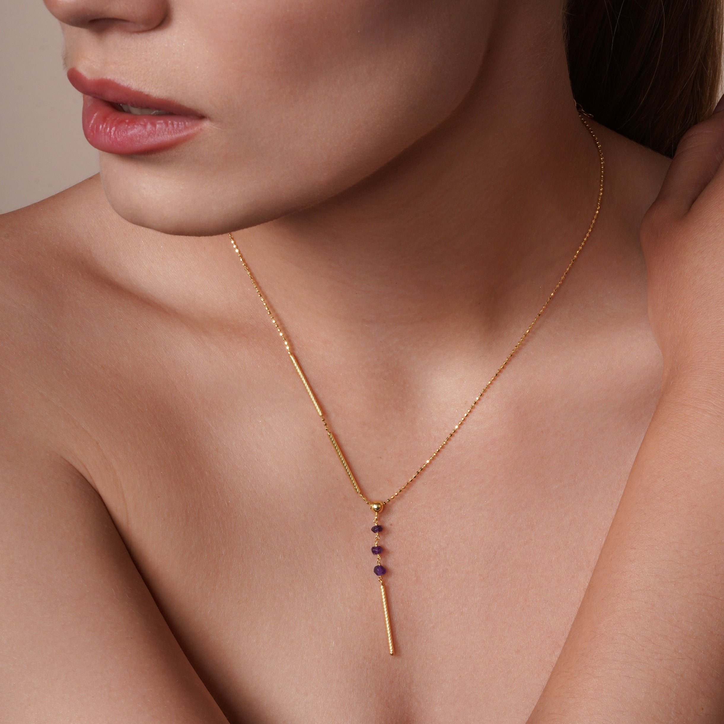 Gold Plated 925 Sterling Silver DC Bead Chain with Dangling Purple Beads - DIN00074GP-AM