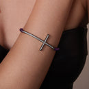 Silver 925 Black and Gold Plated Sideways CZ Cross With Purple Beads Bracelet - BGB00088