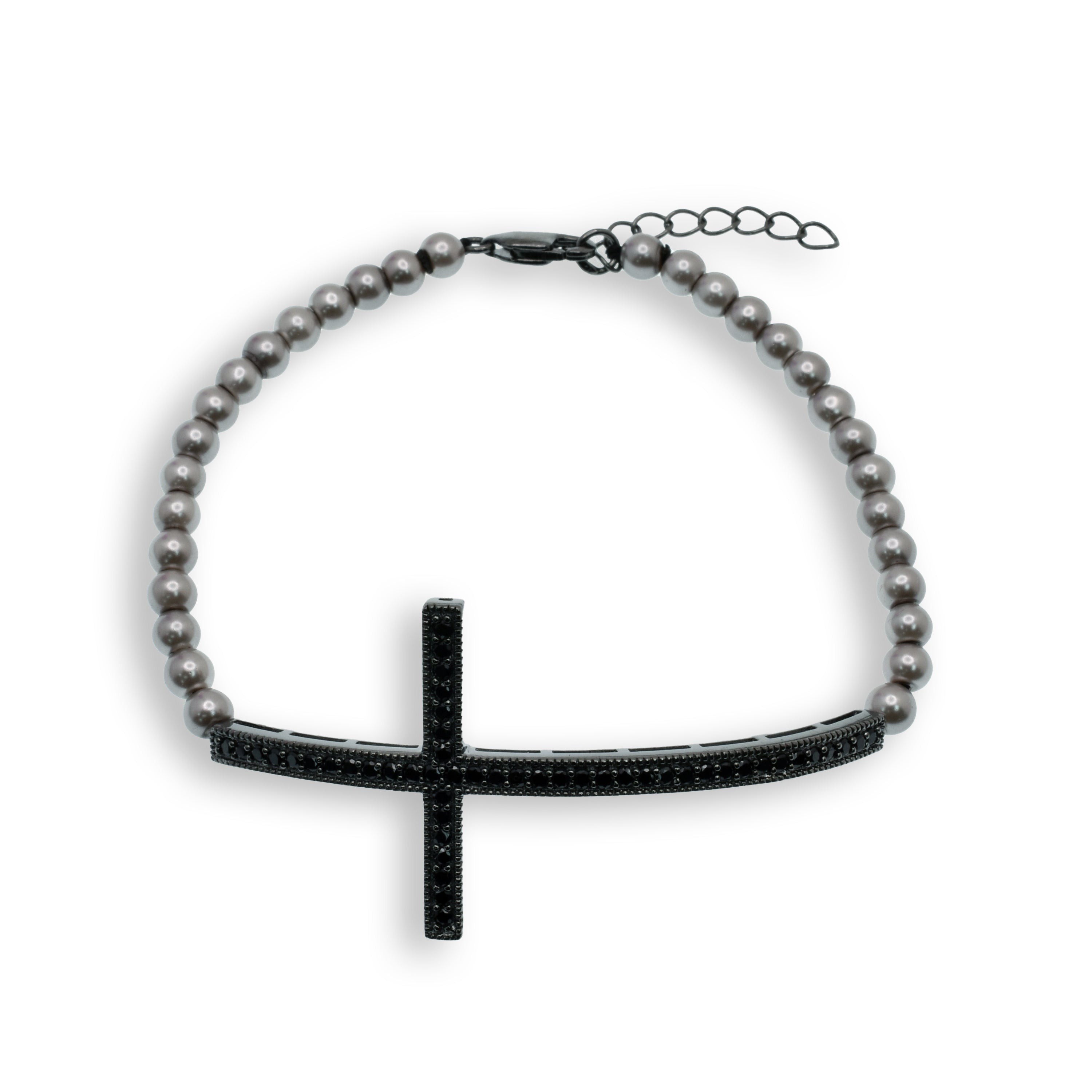 Black Rhodium Plated 925 Sterling Silver Sideways Cross CZ Gray Beads Bracelet - BGB00123