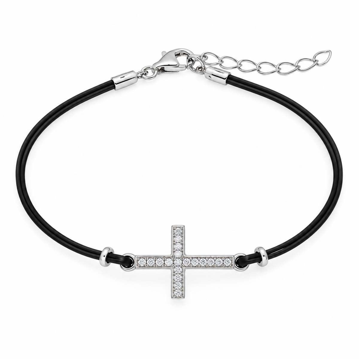 Rhodium Plated 925 Sterling Silver Black Leather Cord CZ Sideway Cross Bracelet - BGB00156RHD