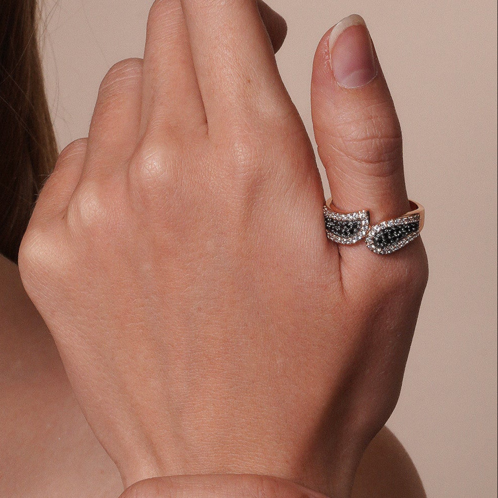 Clearance-Silver 925 Black Rhodium and Rose Gold Plated 2 Toned Black and Clear CZ Modern Ring - BGR00581