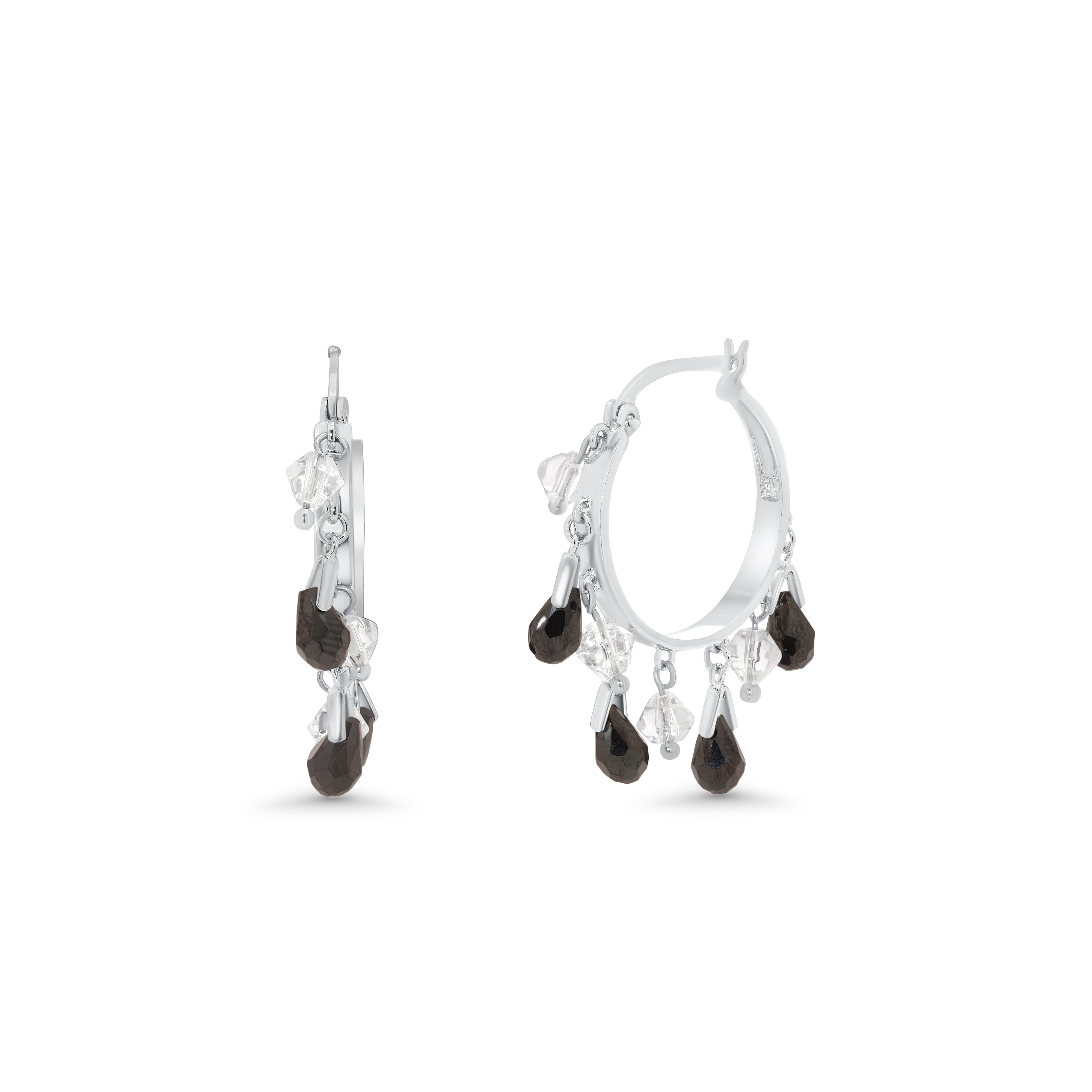 Clearance-Silver 925 Rhodium Plated Clear Black Teardrop Chandelier Dangling Earrings - BGE00020